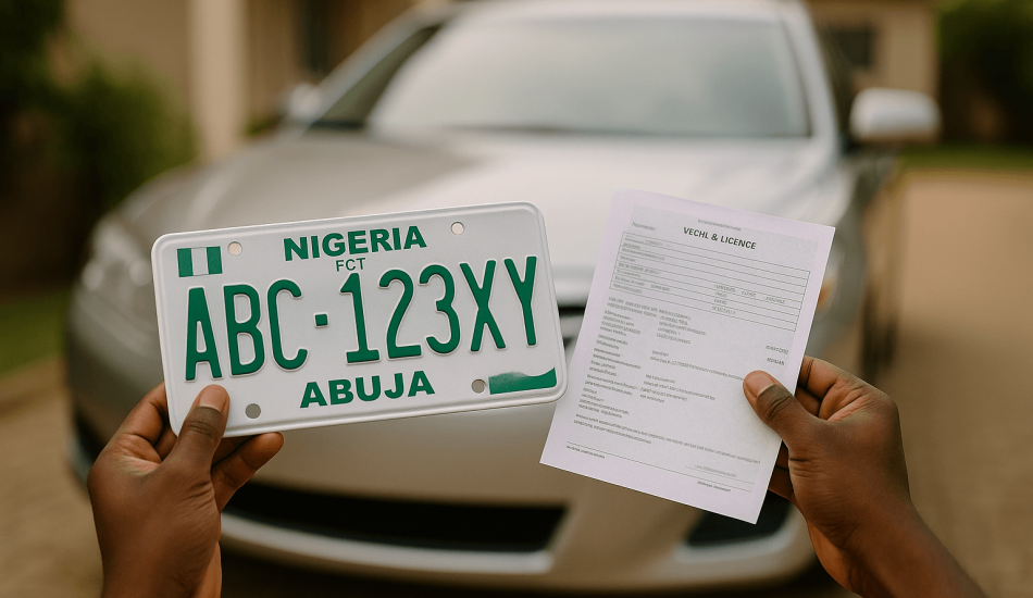 A car owner proudly holding their new plate number and documents after completing the vehicle registration process for a Tokunbo car in Abuja, Nigeria.