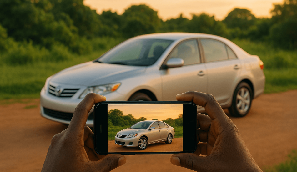 A person taking professional-quality photos of a car for sale in Nigeria using just a smartphone, demonstrating good car photography techniques.