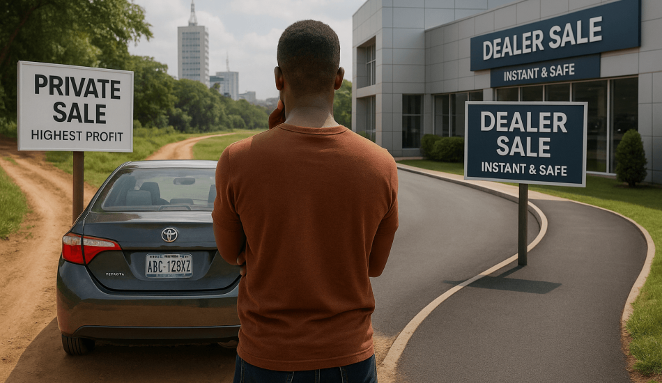 A car owner in Nigeria deciding whether to sell car privately vs to a dealer, representing the choice between maximum profit and maximum convenience