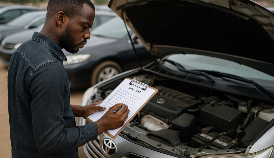 A Nigerian man using a detailed tokunbo car inspection checklist to examine a used car's engine before buying it in Nigeria.