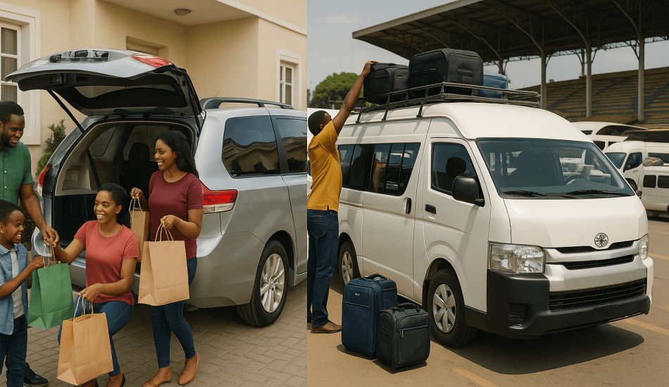 A comparison of a Toyota Sienna for family use and a Toyota Hiace bus for commercial transport, representing the top minivans for sale in Nigeria.
