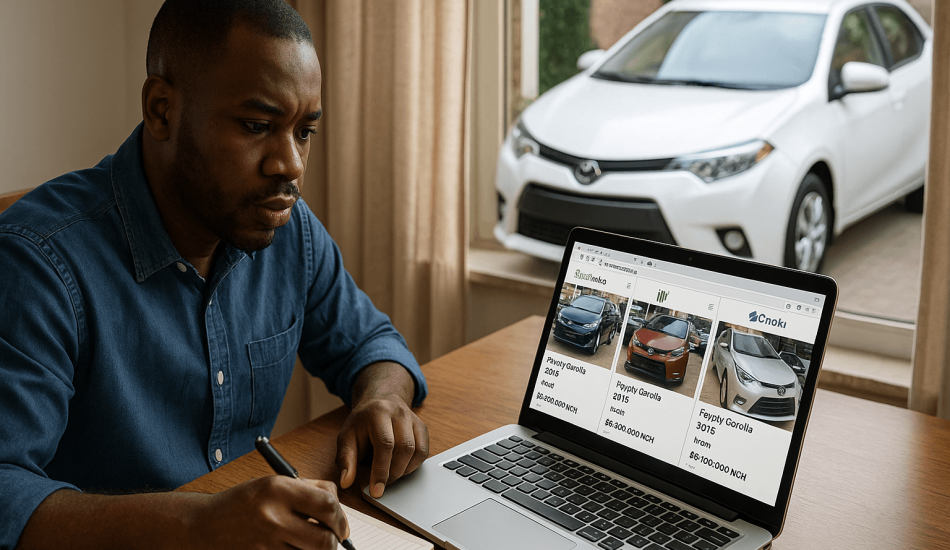 A car owner performing a used car valuation in Nigeria by researching the market value of similar cars on online marketplaces